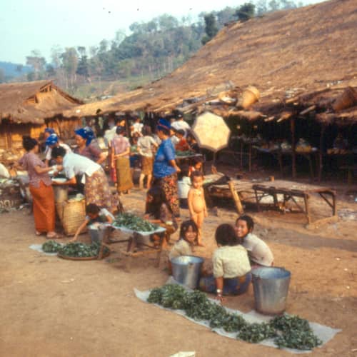 Traders and produce at the camp market
