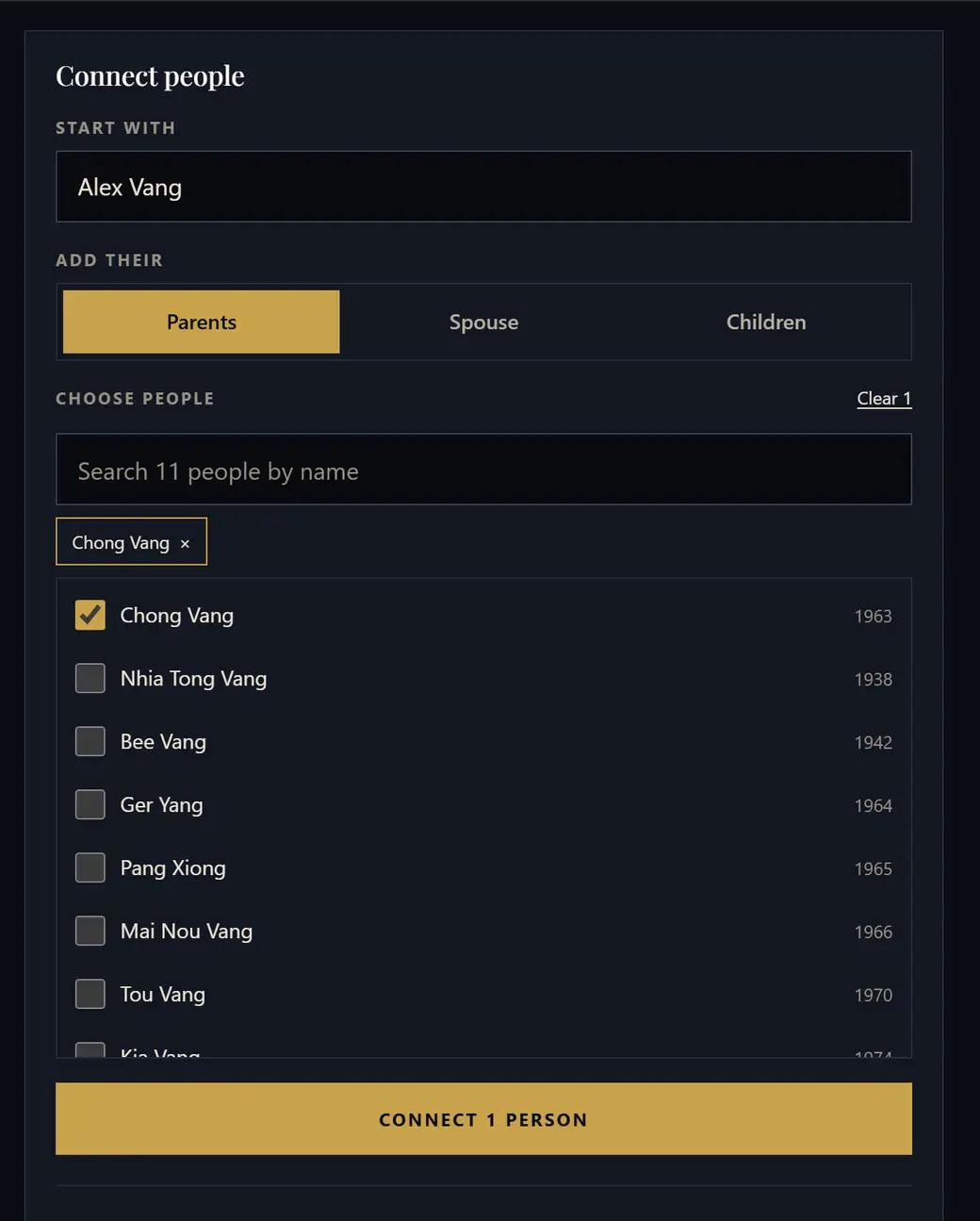 The Connect people panel: one person chosen to start with, Parents selected, and a searchable list of the family with one person ticked and a Connect 1 person button.