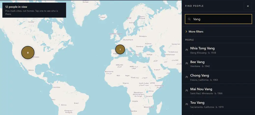 The world map with numbered pins over cities, beside a search panel listing matching people with their city and year of birth.