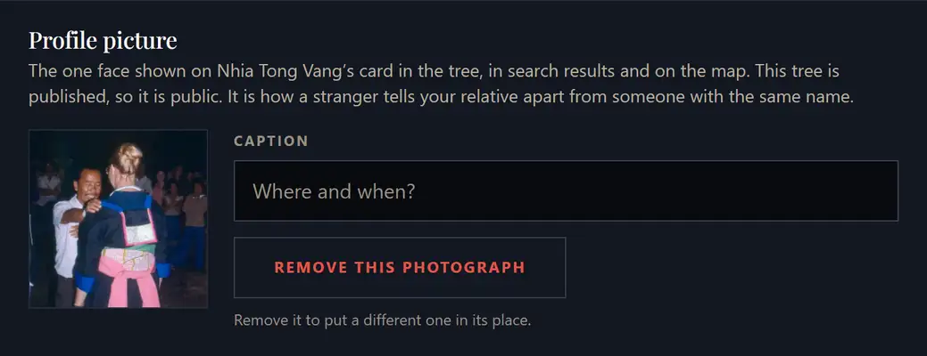 The profile picture panel for one person, showing the photograph, a caption box, and a button to remove the photograph.