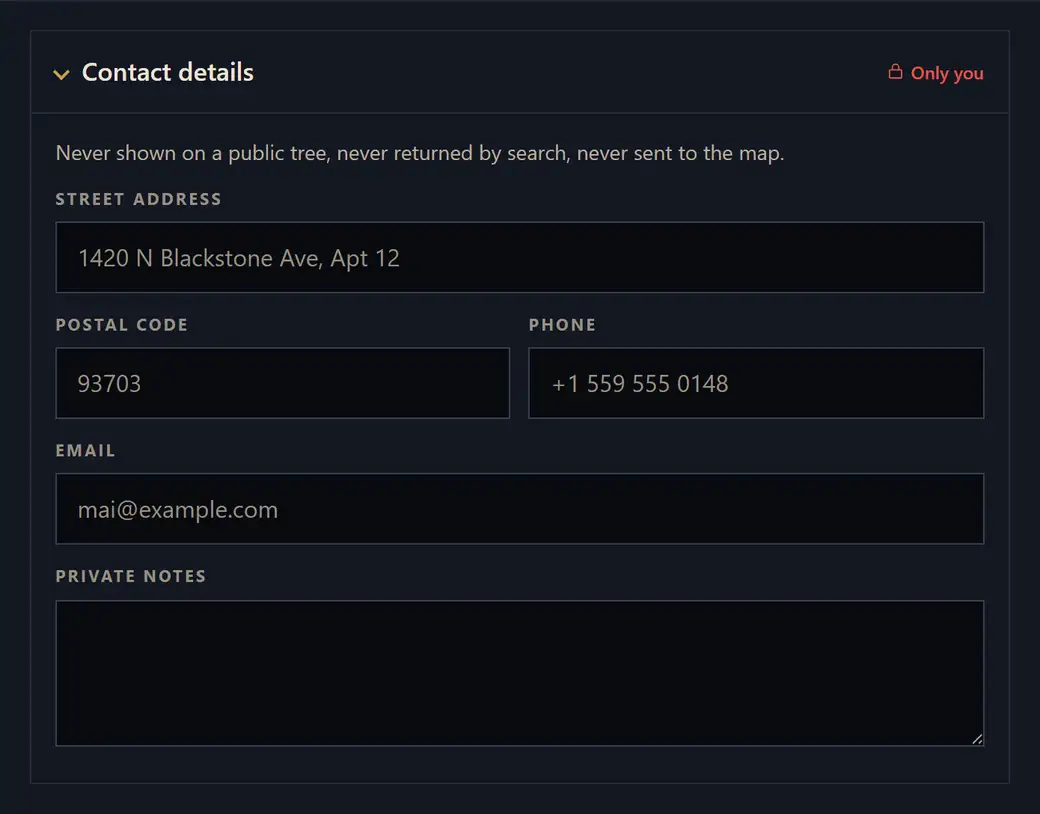 The contact details section of the person form, marked Only you, with street address, postal code, phone, email and private notes, above a line saying it is never shown on a public tree.