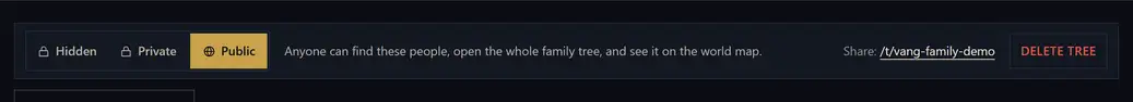 The visibility strip with Hidden, Private and Public, Public selected, and a line explaining that anyone can find these people and see them on the world map.