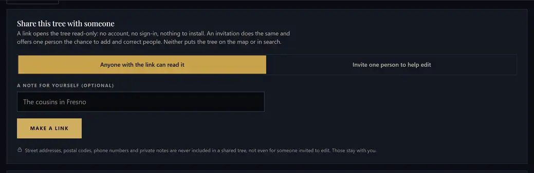 The sharing panel, offering a read-only link or an invitation for one person to help edit, with a note that addresses and phone numbers are never included in a shared tree.